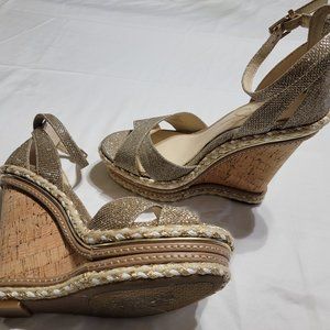 Jessica Simpson sparkling gold wedge shoes, size 10, with ankle strap